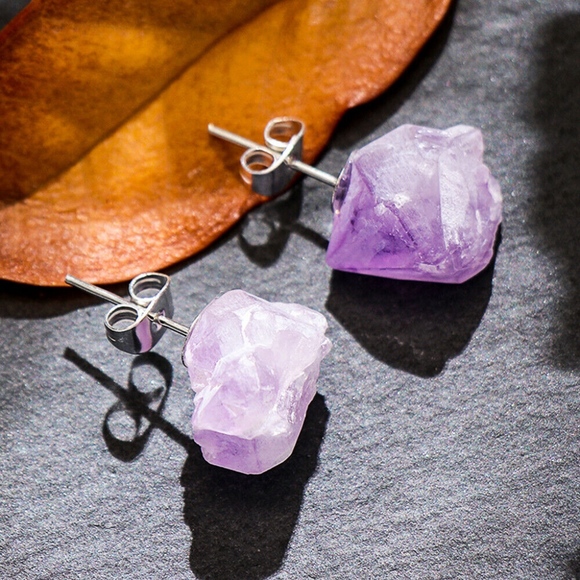 Amethyst Gemstone Crystal Raw Cut Post Earrings - Picture 4 of 8